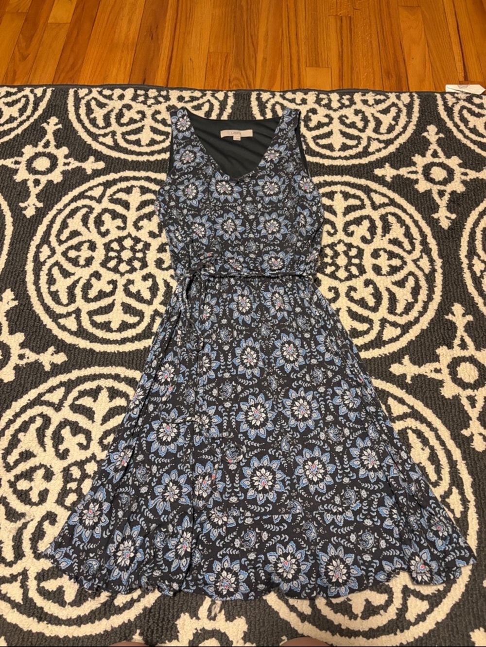 LOFT Black Dress with Blue Floral Print